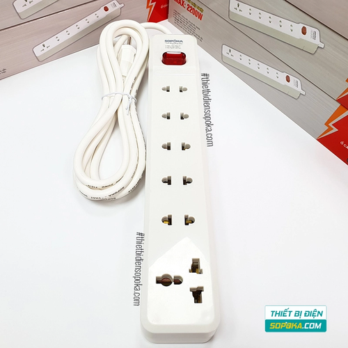 Ổ Cắm Điện 6 Lỗ Lõi Sứ Có Dây Và Công Tắc 2200W 10A 6M2 SOPOKA