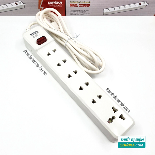Ổ Cắm Điện 6 Lỗ Lõi Sứ Có Dây Và Công Tắc 2200W 10A 6M2 SOPOKA