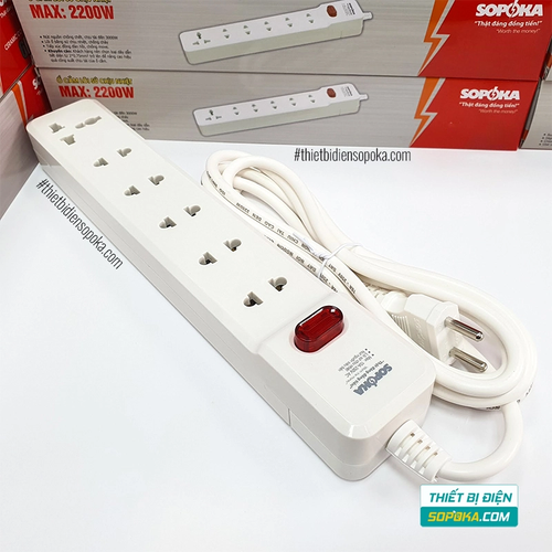 Ổ Cắm Điện 6 Lỗ Lõi Sứ Có Dây Và Công Tắc 2200W 10A 6M2 SOPOKA