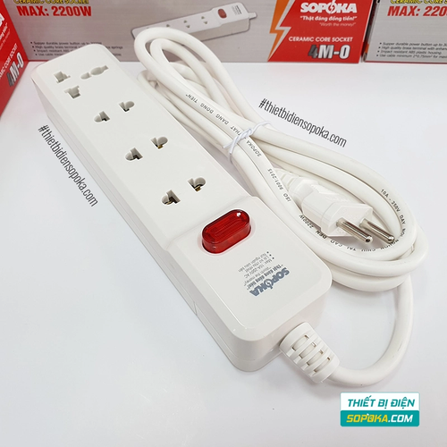 Ổ Cắm Điện 4 Lỗ Lõi Sứ Có Dây Và Công Tắc 2200W 10A 4M2 SOPOKA