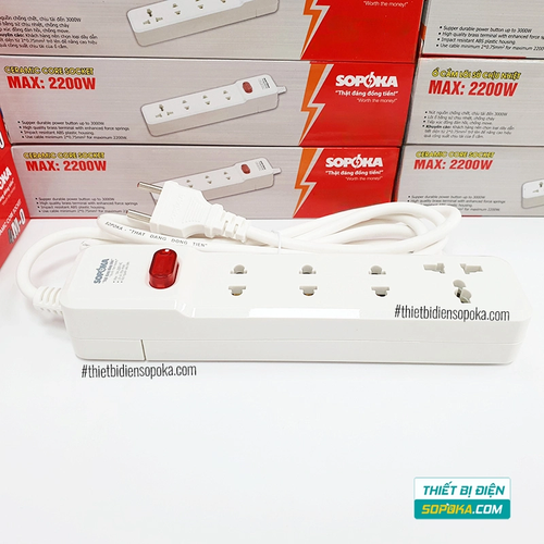 Ổ Cắm Điện 4 Lỗ Lõi Sứ Có Dây Và Công Tắc 2200W 10A 4M2 SOPOKA