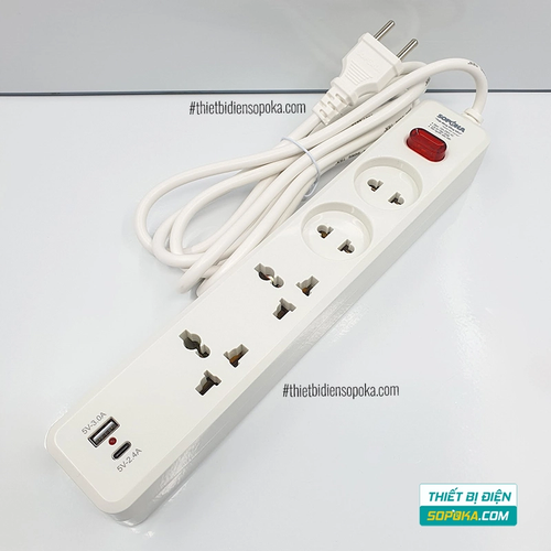 Ổ Cắm Điện 4 Lỗ Sạc Nhanh USB Type-C Lõi Sứ 2200W 10A 250V 4C2 SOPOKA