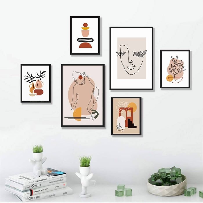 Bộ khung 06 tranh Minimalist tông màu cam nâu hiện đại treo tường