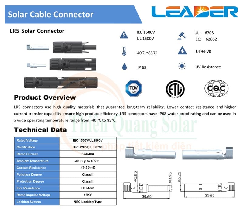 Đầu nối MC4 1500V DC PV-LR5-1500V hãng Leader