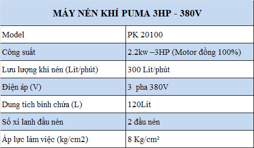 thông số máy nén khí piston PUMA 3HP