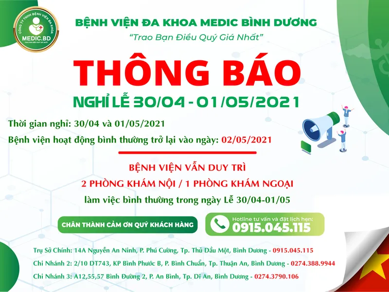 THÔNG BÁO LỊCH HOẠT ĐỘNG KHÁM CHỮA BỆNH DỊP LỄ 30/4 & 01/05/2021 TẠI BỆNH VIỆN ĐA KHOA MEDIC BÌNH DƯƠNG