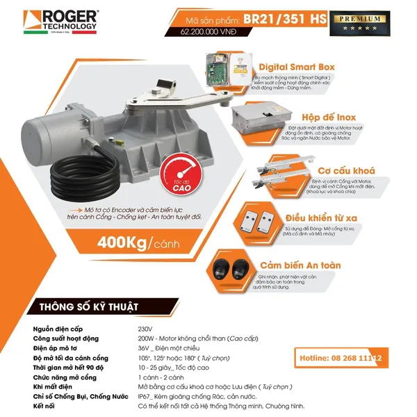 Cổng Tự Động Âm Sàn Roger BR21/351/HS 36V 400Kg