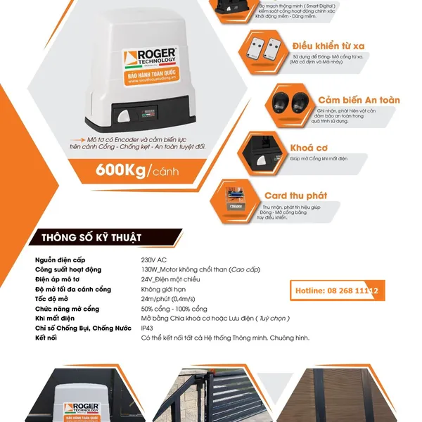 Motor Cửa Cổng Lùa Roger BH30 24V 600Kg