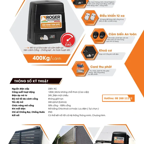Motor Cửa Cổng Lùa Roger BM30 24V 400Kg