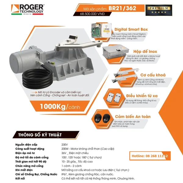 Cổng Tự Động Âm Sàn Roger BR21/362 36V 1000Kg