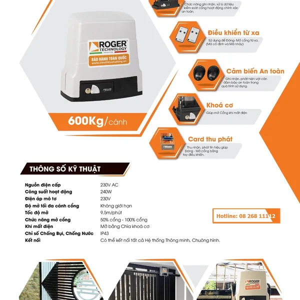 Motor Cửa Cổng Lùa Roger H30 230V 600Kg