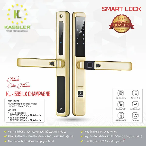 Khóa Cửa Vân Tay Kassler KL-599 LX CHAMPAGNE