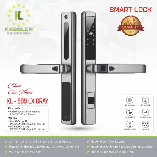 Khóa cửa vân tay Kassler KL-599 LX GRAY