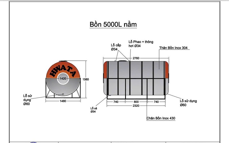 Thông số Bồn inox 5000L Ngang Thông số Bồn inox 5000L Ngang