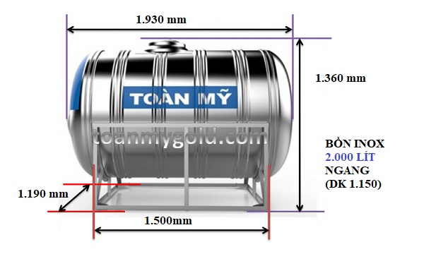 Kích thước Bồn nước inox Toàn Mỹ 2000l ngang Kích thước Bồn nước inox Toàn Mỹ 2000l ngang