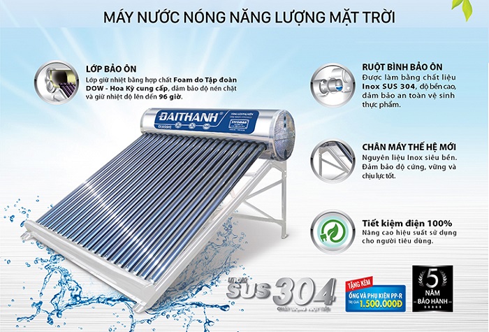 Máy nước nóng năng lượng mặt trời Đại Thành dòng inox 304 Máy nước nóng năng lượng mặt trời Đại Thành dòng inox 304