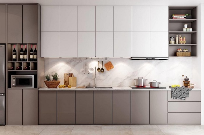 Tủ bếp laminate vân gỗ kết hợp màu trắng đụng trần Tủ bếp laminate vân gỗ kết hợp màu trắng đụng trần