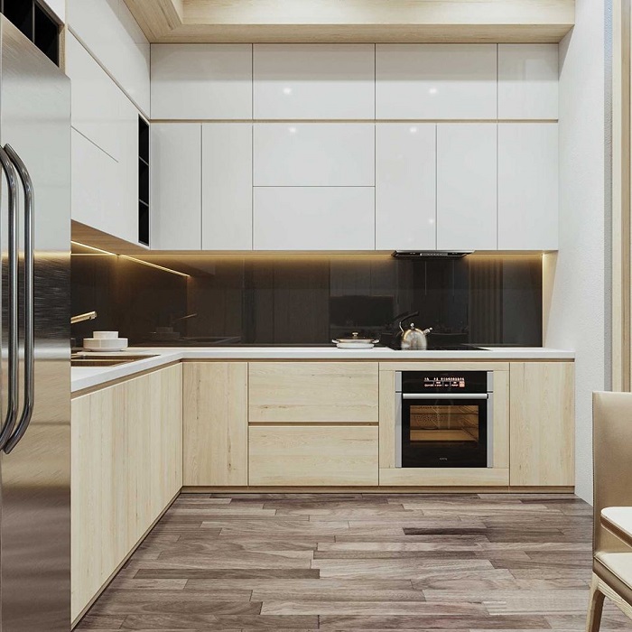 Tủ bếp chữ L nhỏ màu vân gỗ và màu trắng Tủ bếp chữ L nhỏ màu vân gỗ và màu trắng