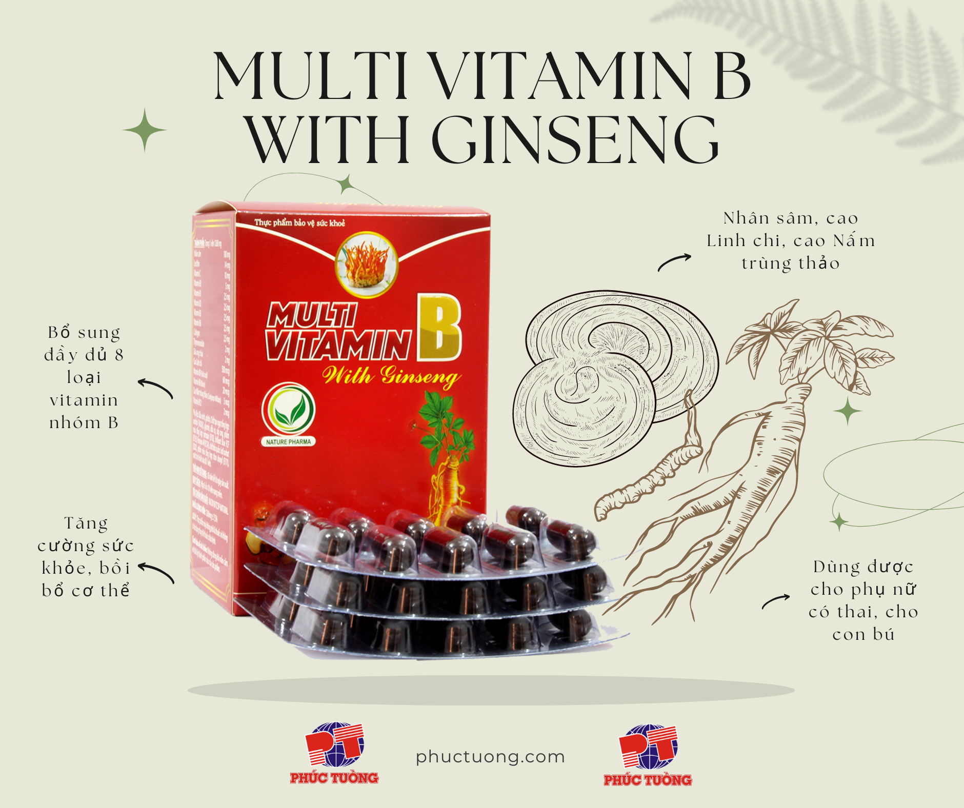 Multi Vitamin B with Ginseng giúp bổ sung đầy đủ các vitamin nhóm B, tăng cường sức đề kháng cho cơ thể Multi Vitamin B with Ginseng giúp bổ sung đầy đủ các vitamin nhóm B, tăng cường sức đề kháng cho cơ thể