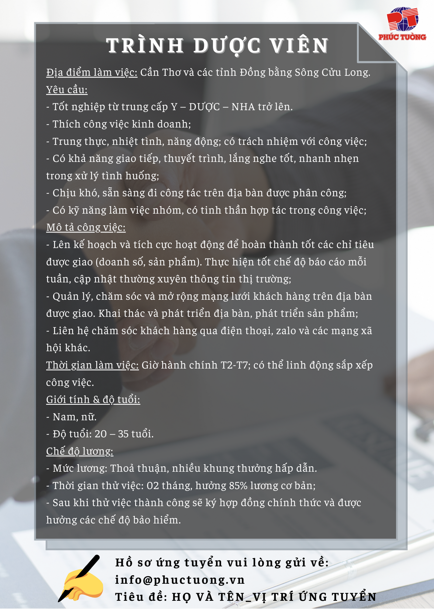Tuyển dụng trình dược viên công ty Phúc Tường tháng 2/2022 Tuyển dụng trình dược viên công ty Phúc Tường tháng 2/2022