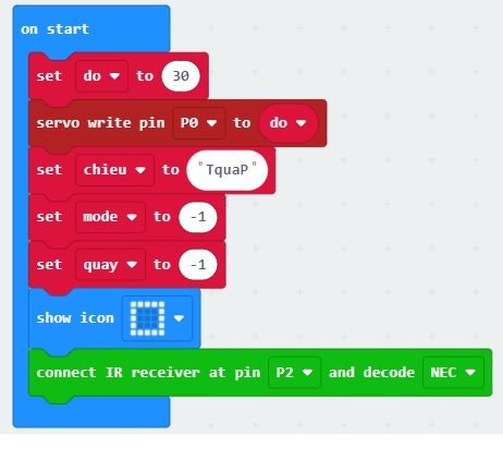 Phần khởi động của chương trình quạt quay remote - lập trình microbit Phần khởi động của chương trình quạt quay remote - lập trình microbit