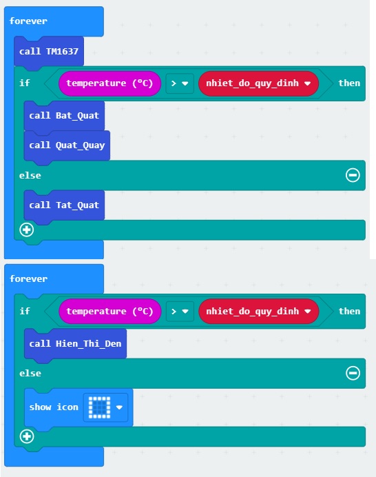 Chương trình chính của quạt cảm ứng nhiệt độ - lập trình microbit Chương trình chính của quạt cảm ứng nhiệt độ - lập trình microbit