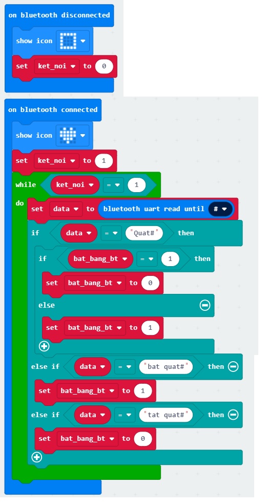 Phần kết nối và ngắt kết nối của quạt kết nối bluetooth - lập trình microbit Phần kết nối và ngắt kết nối của quạt kết nối bluetooth - lập trình microbit