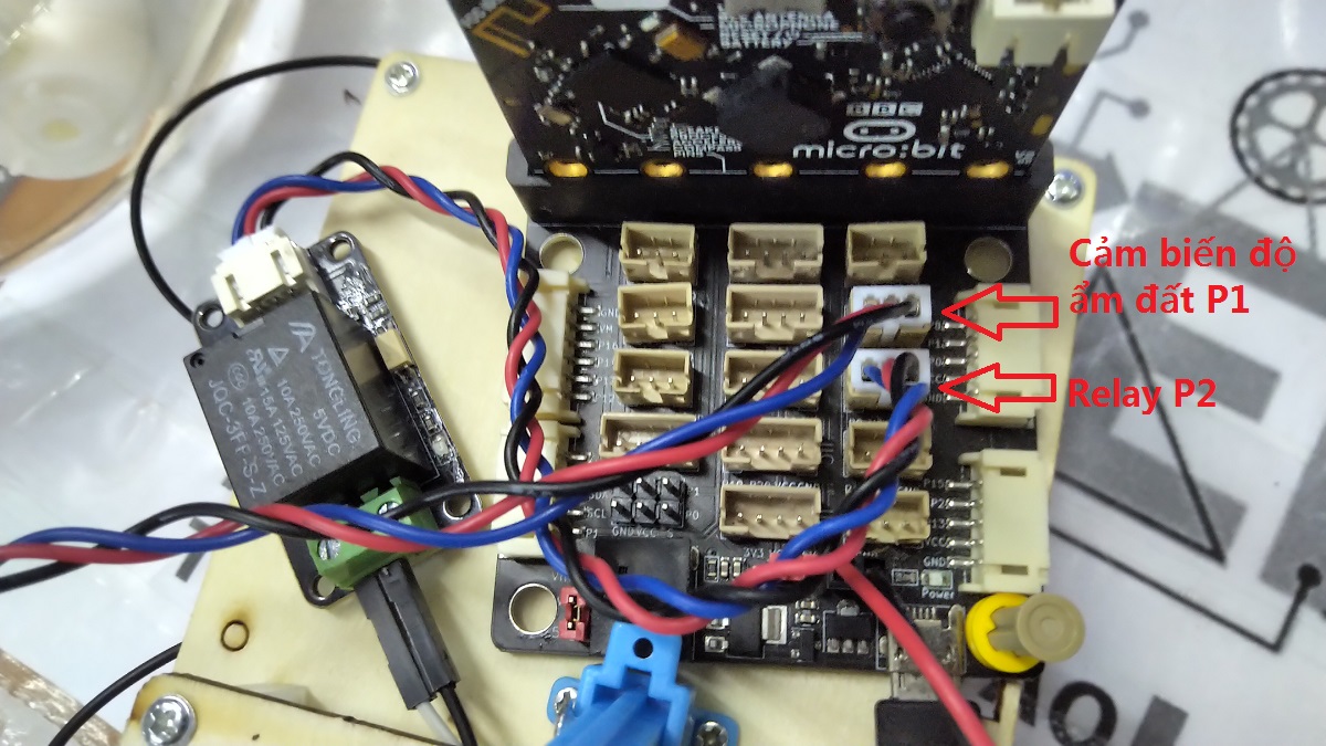 Máy tưới cây tự động - Kết nối với mạch mở rộng Microbit PH2.0 Máy tưới cây tự động - Kết nối với mạch mở rộng Microbit PH2.0