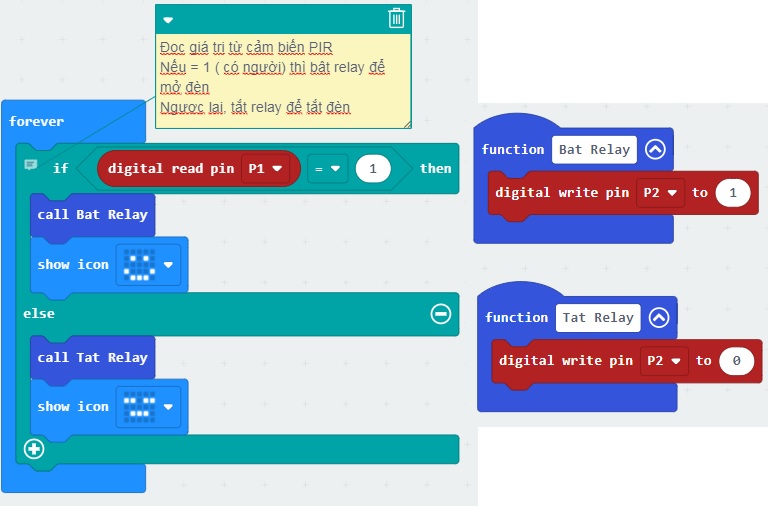 Chương trình Đèn cảm ứng thân nhiệt PIR - lập trình microbit Chương trình Đèn cảm ứng thân nhiệt PIR - lập trình microbit