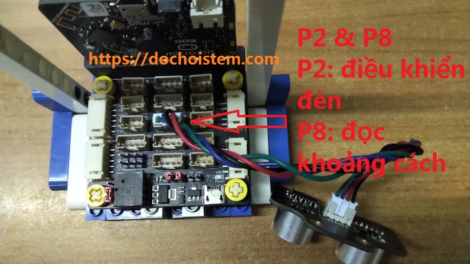Kết nối cảm biến siêu âm với Mạch mở rộng Microbit PH2.0 Kết nối cảm biến siêu âm với Mạch mở rộng Microbit PH2.0
