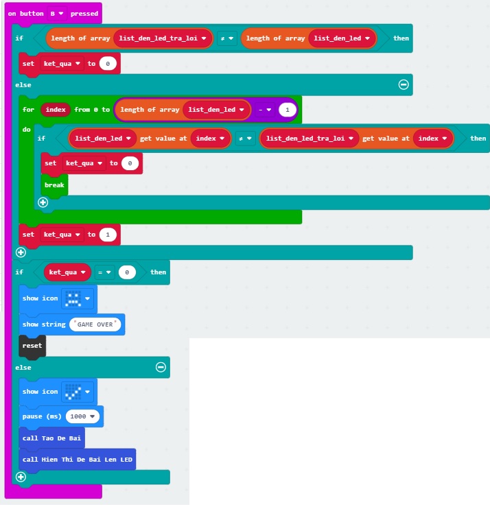 Chương trình so sánh câu trả lời của Trò chơi luyện trí nhớ - lập trình microbit Chương trình so sánh câu trả lời của Trò chơi luyện trí nhớ - lập trình microbit