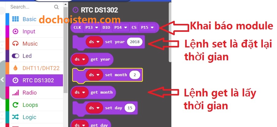Các lệnh cho module thời gian thực DS1302 trong Lập trình microbit Các lệnh cho module thời gian thực DS1302 trong Lập trình microbit