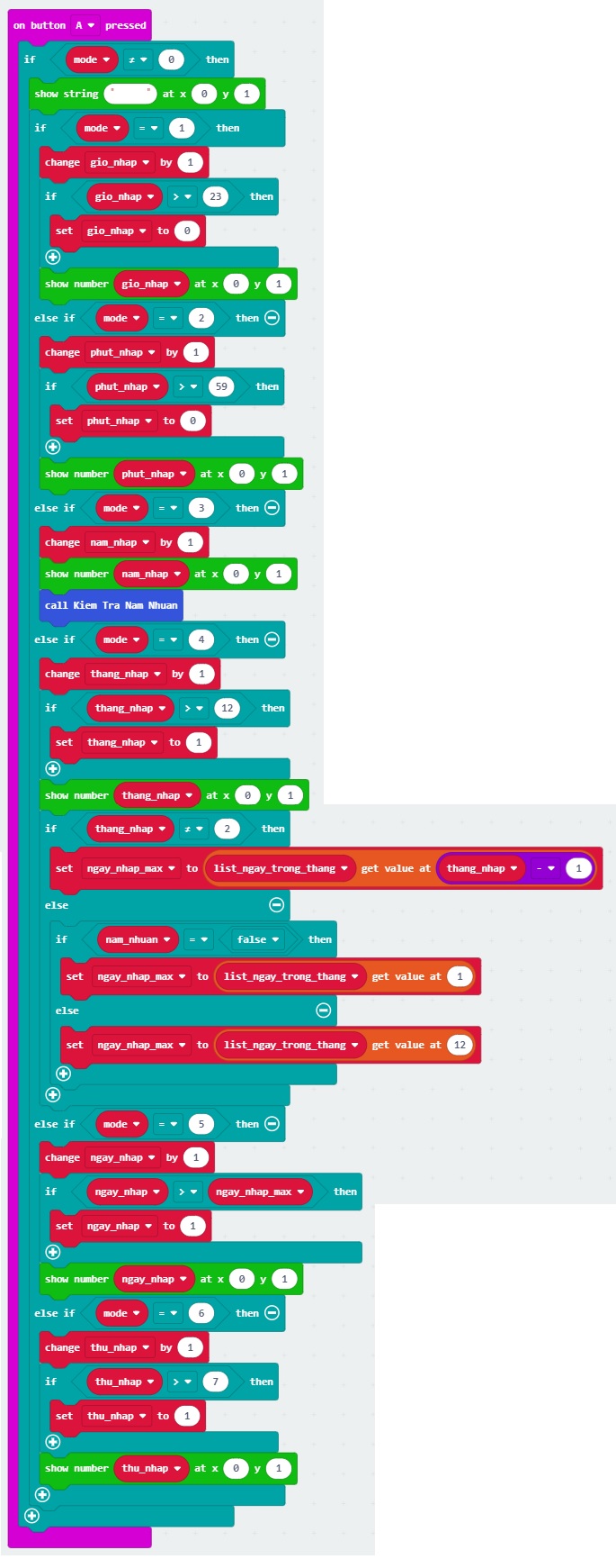 Đồng hồ RGB - chức năng nút A tăng giá trị nhập liệu Đồng hồ RGB - chức năng nút A tăng giá trị nhập liệu