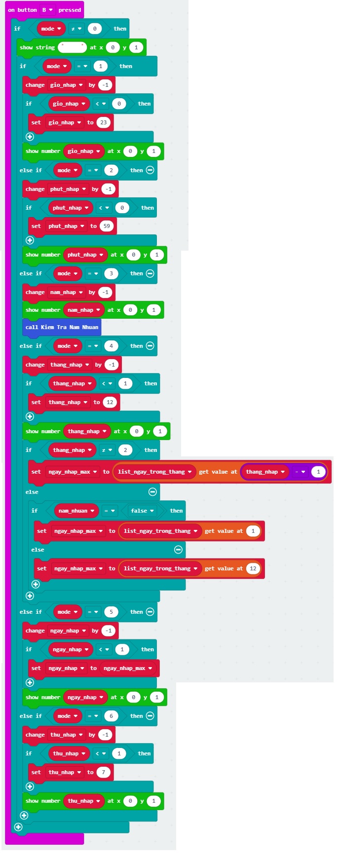 Đồng hồ RGB - chức năng nút B giảm giá trị nhập liệu Đồng hồ RGB - chức năng nút B giảm giá trị nhập liệu