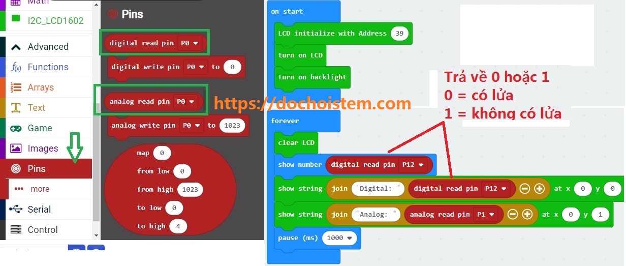 Đọc giá trị từ cảm biến lửa trong lập trình Microbit Đọc giá trị từ cảm biến lửa trong lập trình Microbit