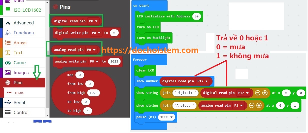 Đọc giá trị từ cảm biến mưa trong lập trình Microbit Đọc giá trị từ cảm biến mưa trong lập trình Microbit
