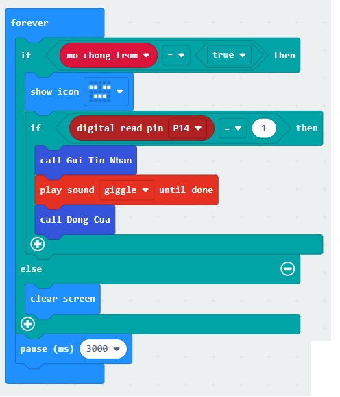 Chương trình chính của Chống trộm và gửi tin nhắn - lập trình microbit Chương trình chính của Chống trộm và gửi tin nhắn - lập trình microbit