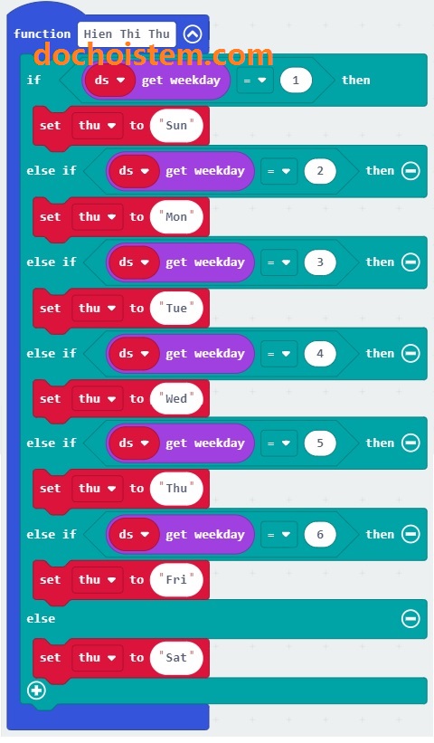 Chuyển đổi các ngày trong tuần với module thời gian thực DS1302 trong Lập trình microbit Chuyển đổi các ngày trong tuần với module thời gian thực DS1302 trong Lập trình microbit
