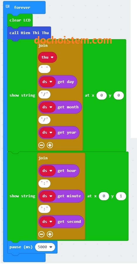 Lấy thời gian từ module thời gian thực DS1302 và hiển thị lên màn hình LCD1602 trong Lập trình microbit Lấy thời gian từ module thời gian thực DS1302 và hiển thị lên màn hình LCD1602 trong Lập trình microbit