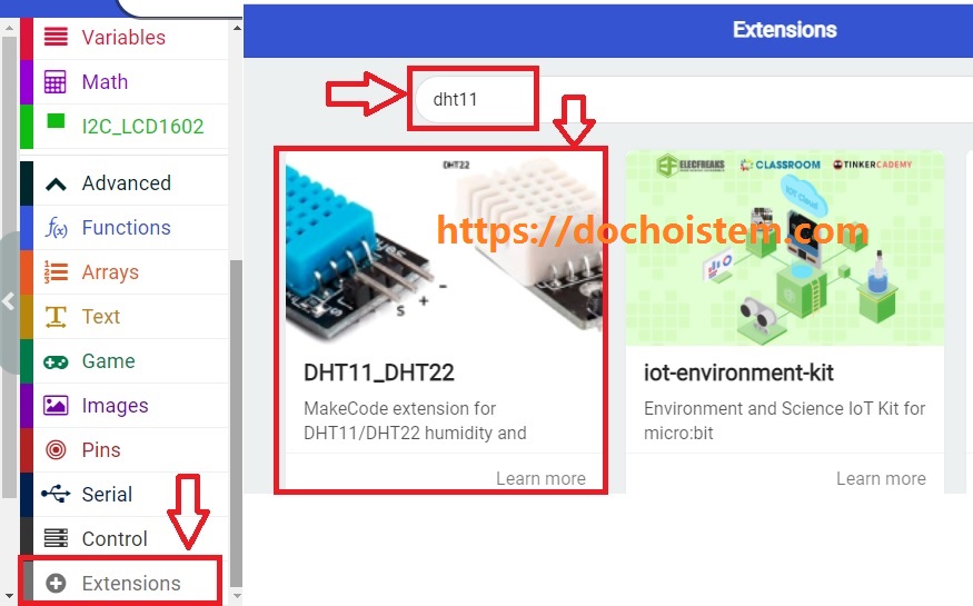Khai báo thư viện cho cảm biến độ ẩm DHT11 trong Lập trình Microbit Khai báo thư viện cho cảm biến độ ẩm DHT11 trong Lập trình Microbit