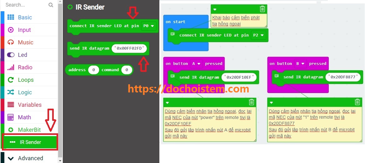 Lập trình cho module phát tia hồng ngoại trong Lập trình microbit Lập trình cho module phát tia hồng ngoại trong Lập trình microbit