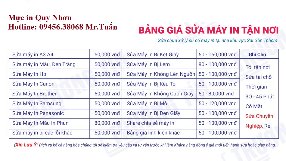 Bảng giá sửa chữa máy in tại Quy Nhơn tỉnh Bình Định Bảng giá sửa chữa máy in tại Quy Nhơn tỉnh Bình Định