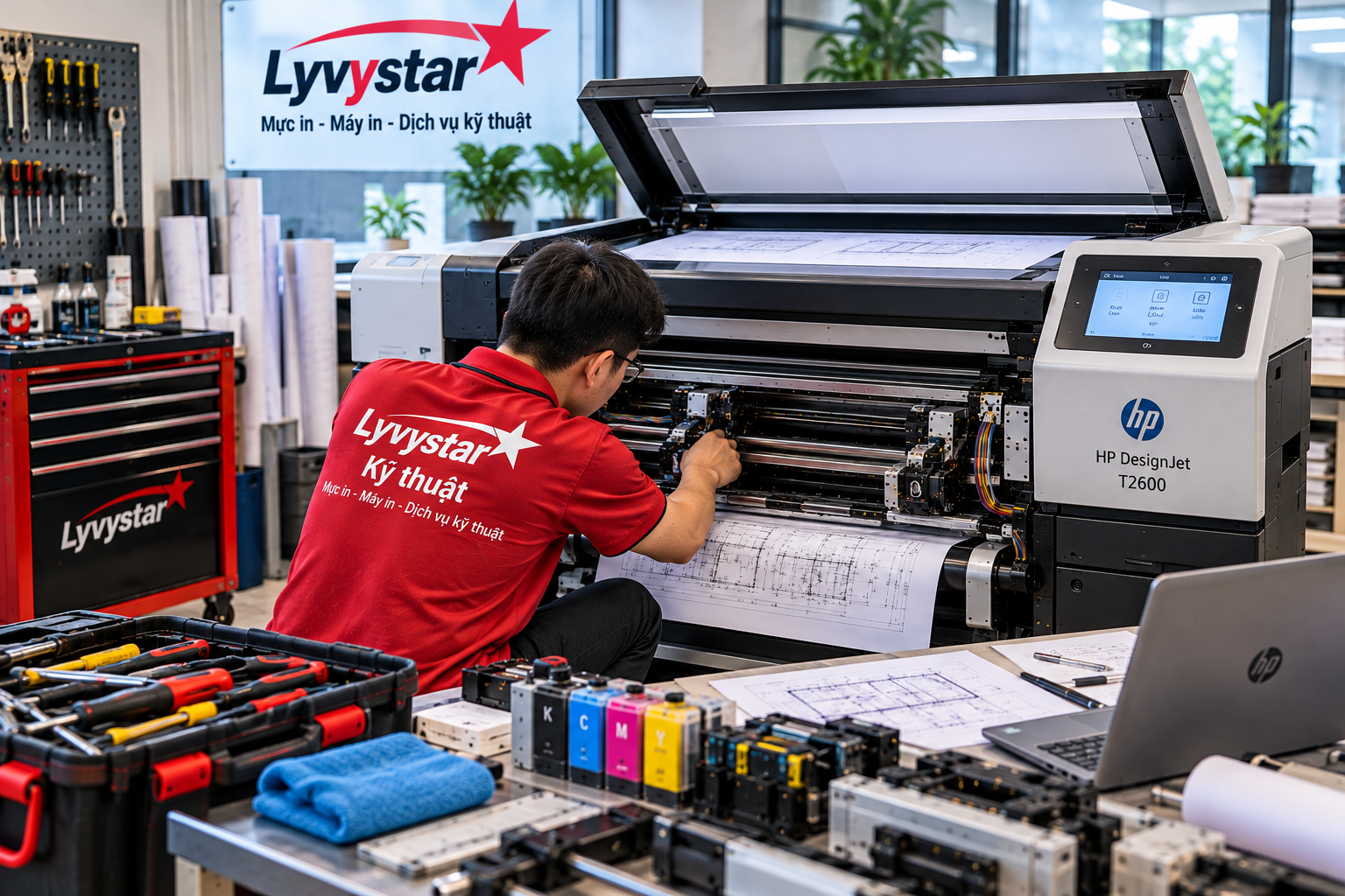 Ảnh tổng thể máy in HP DesignJet A0 trong quá trình kiểm tra kỹ thuật. Ảnh tổng thể máy in HP DesignJet A0 trong quá trình kiểm tra kỹ thuật.