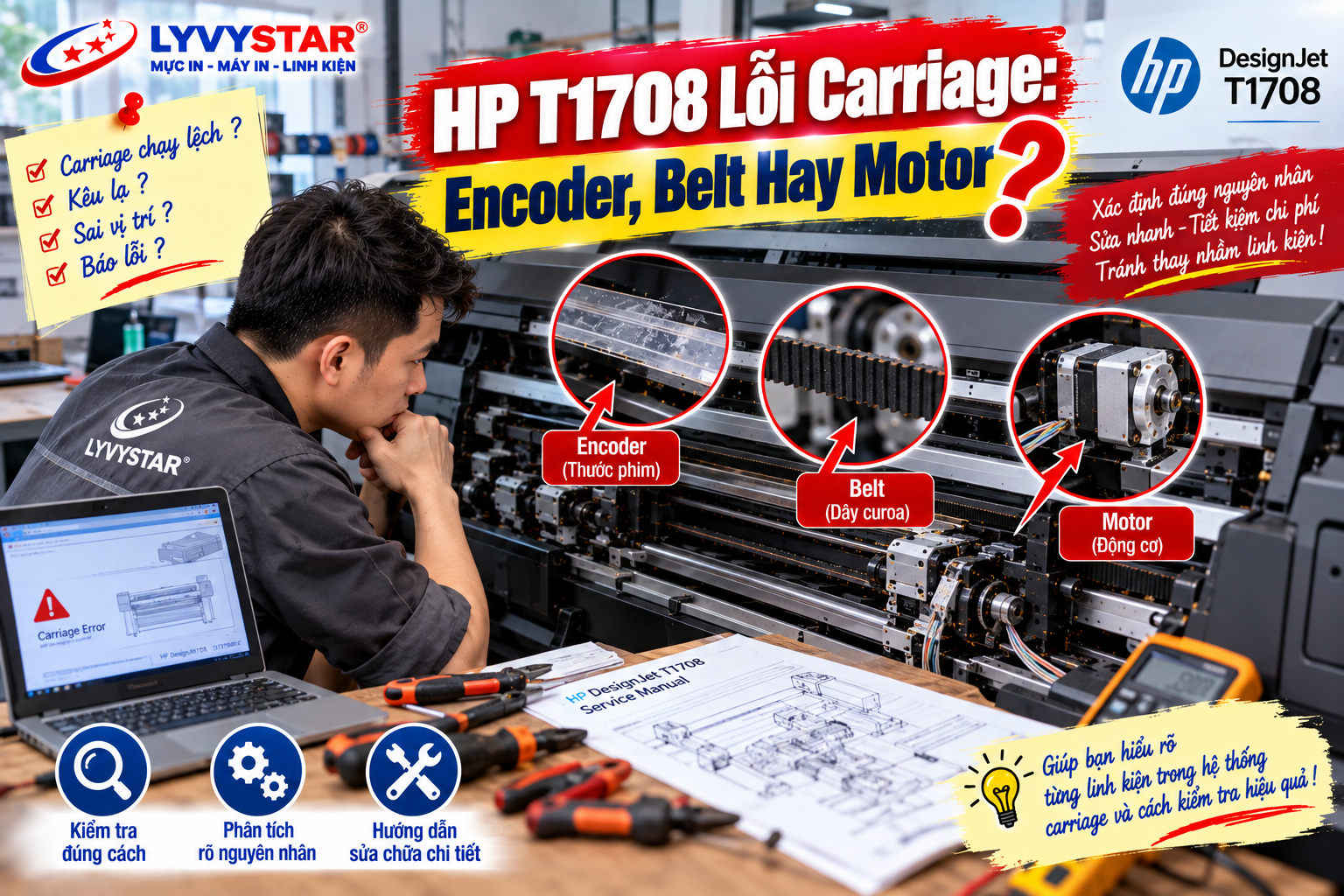 HP T1708 Lỗi Carriage: Encoder, Belt Hay Motor? HP T1708 Lỗi Carriage: Encoder, Belt Hay Motor?