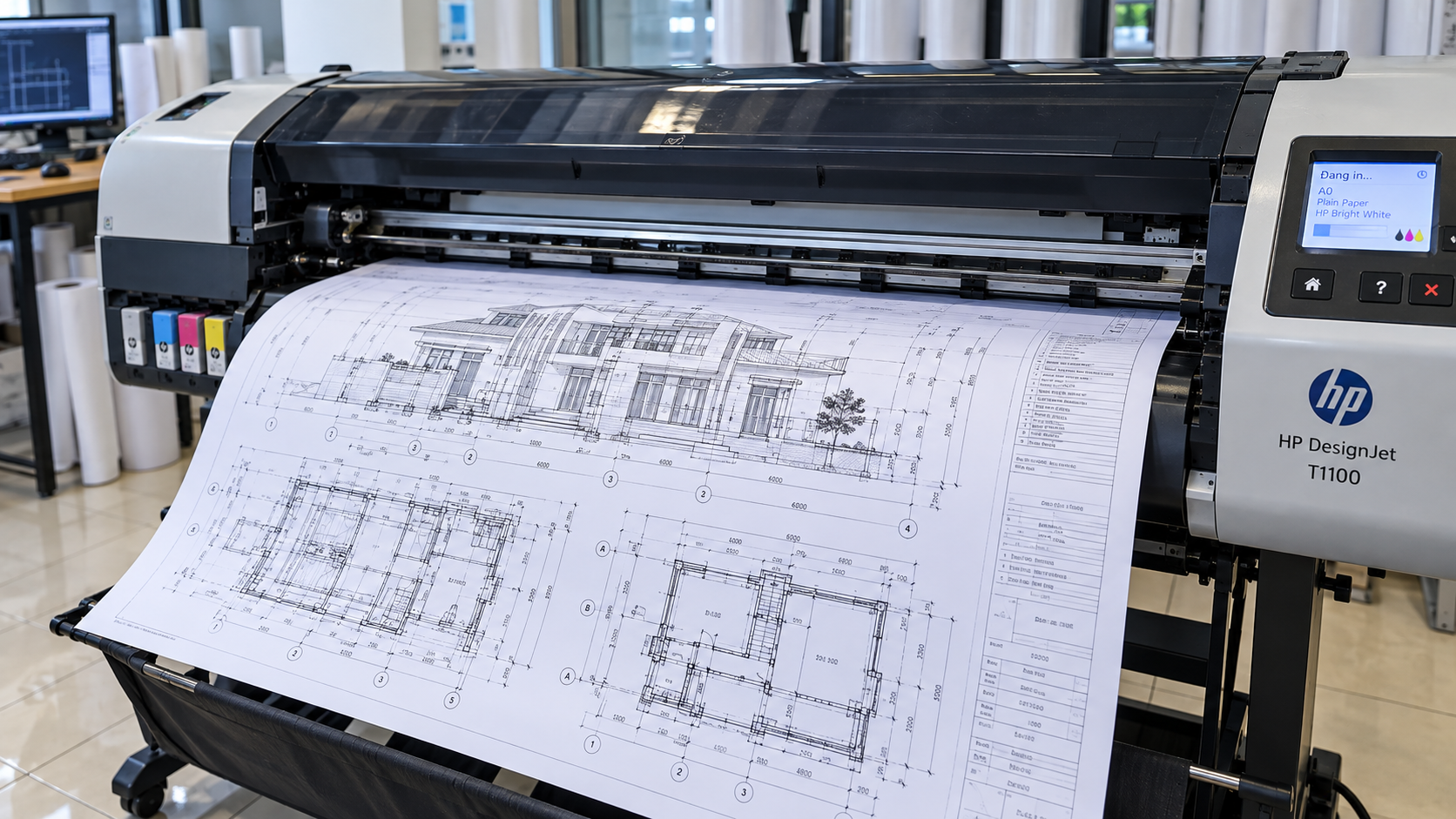 Máy HP DesignJet đang in bản vẽ A0 Máy HP DesignJet đang in bản vẽ A0