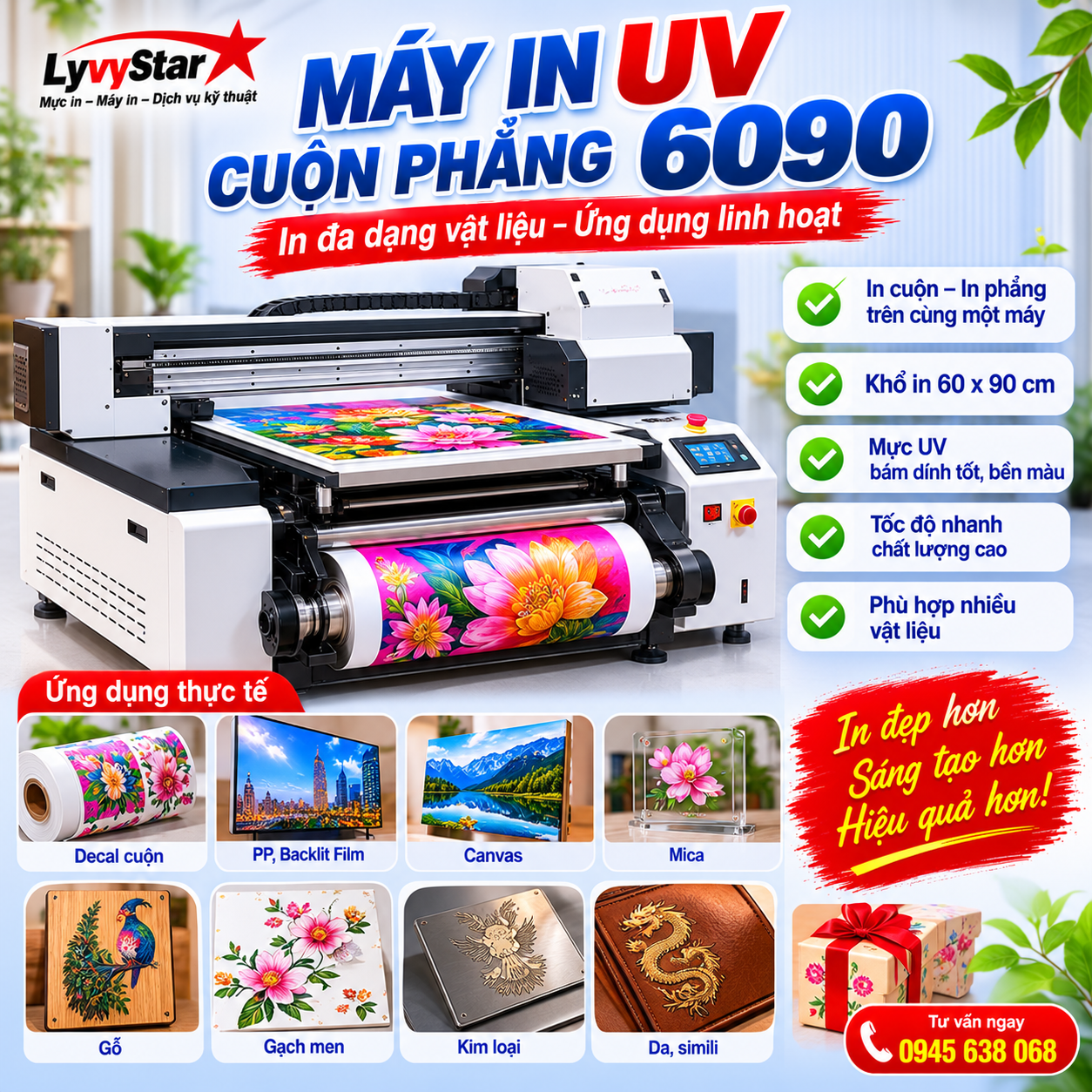 máy in UV cuộn phẳng 6090 máy in UV cuộn phẳng 6090