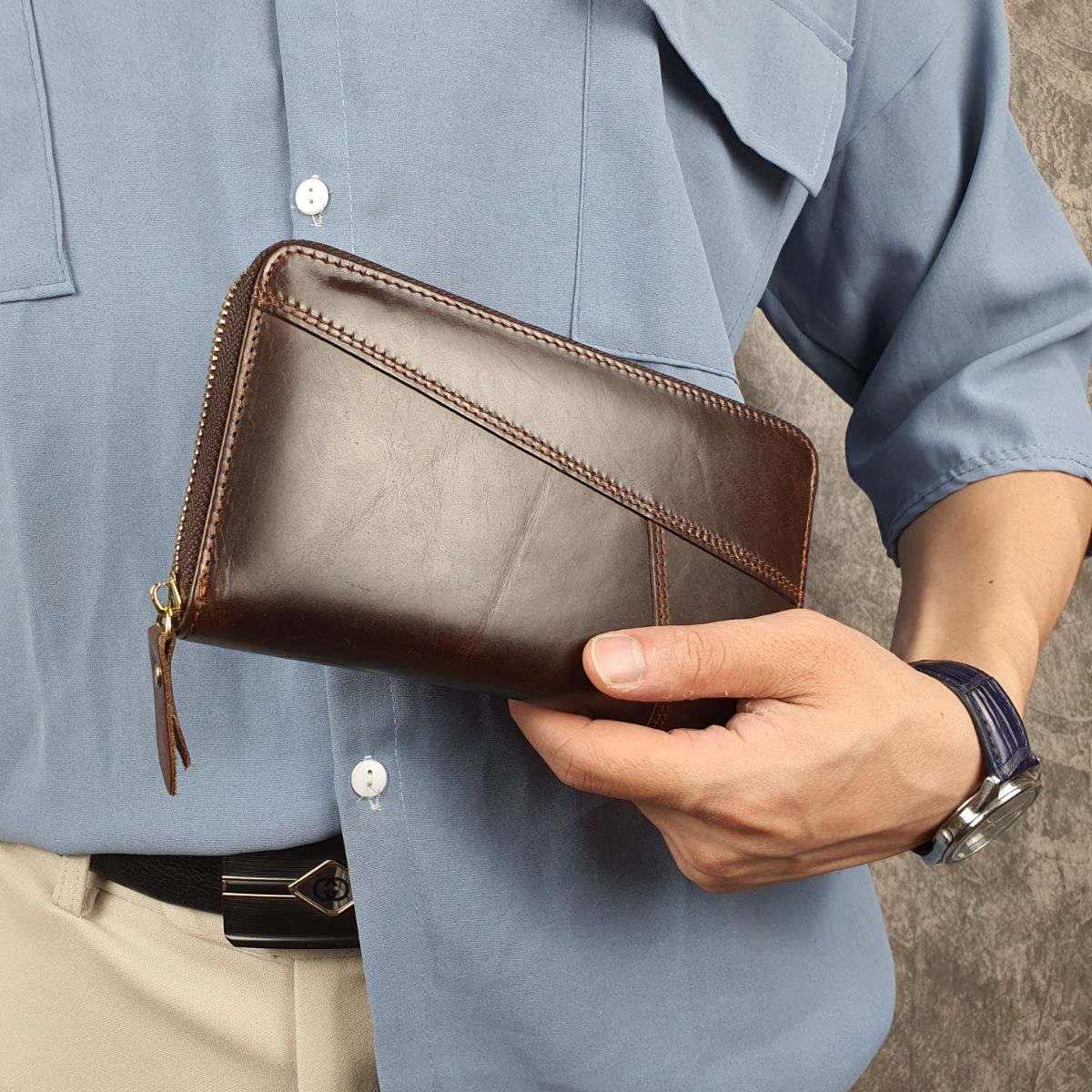 ví da bò cầm tay nam