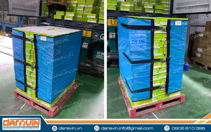 Hình thực tế test lưới quấn pallet DARAVIN cho công ty VITADAIRY Hình thực tế test lưới quấn pallet DARAVIN cho công ty VITADAIRY