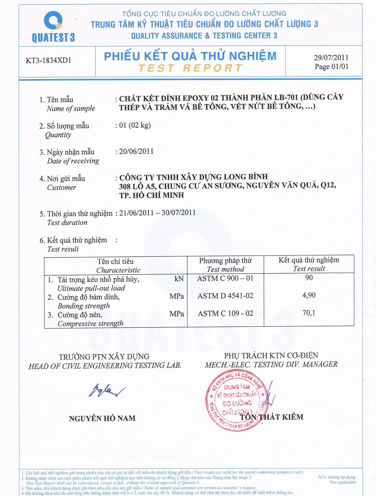 Kết quả thí nghiệm keo cấy thép LB-701