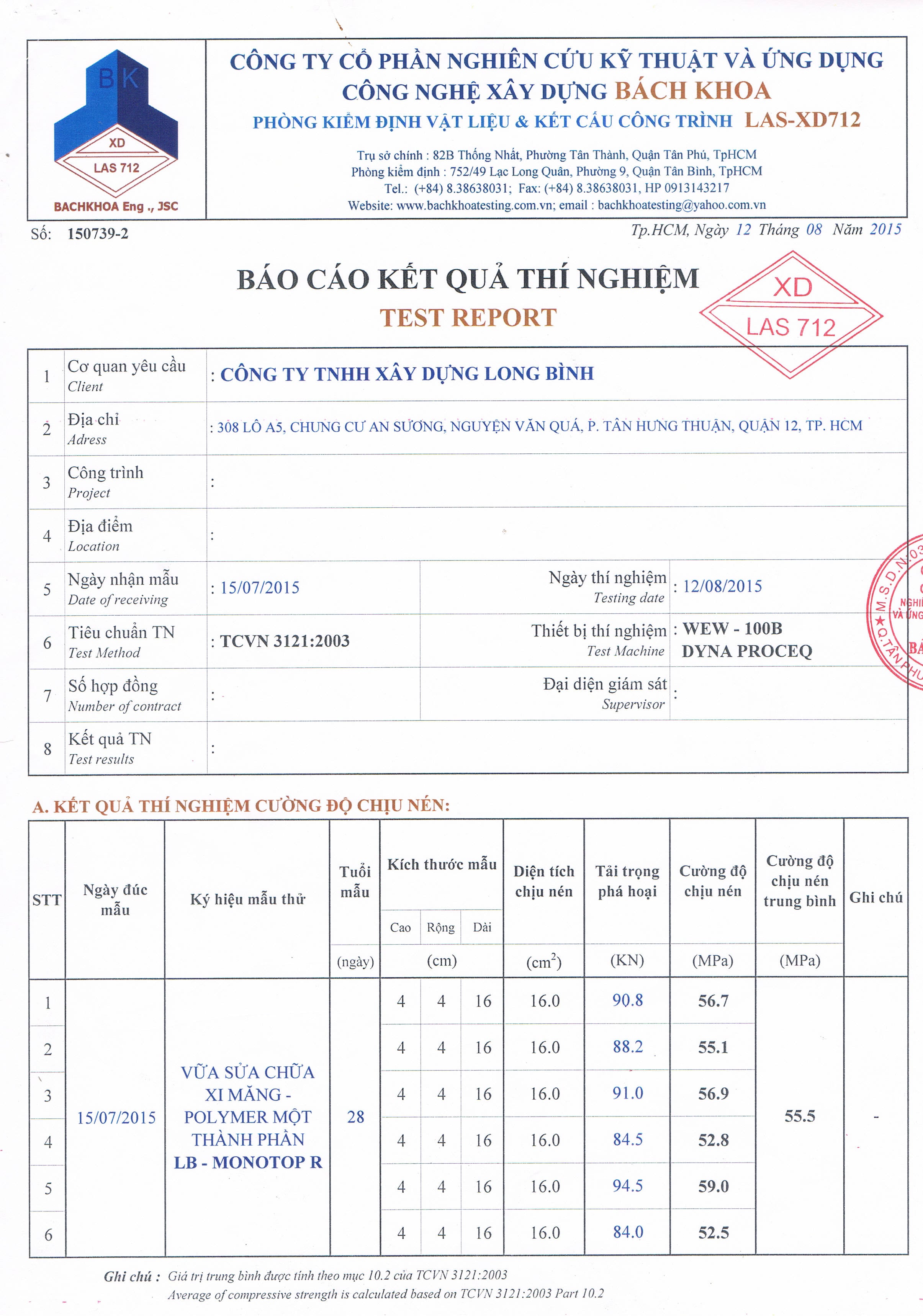 Kết quả thí nghiệm vữa sửa chữa bê tông LB-Monomortar